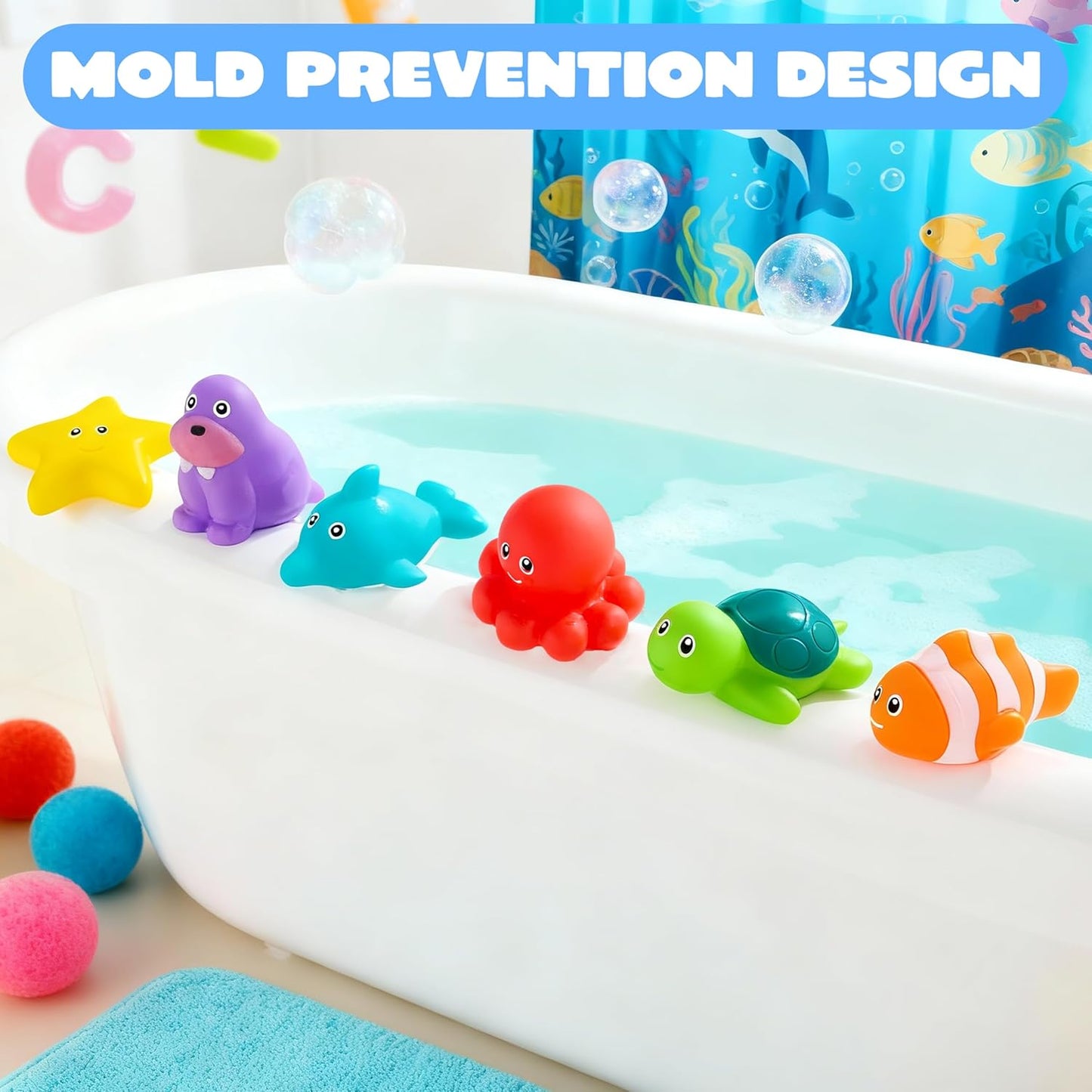 6 Pcs Sea Animal Bath Toys, Sealed & No-Hole & Mold Free Bathtub Toys for Kids, Non-Toxic & Soft Water Vehicles Toys, Squeezable & Float on Water, Bath & Pool Play for Boys and Girls