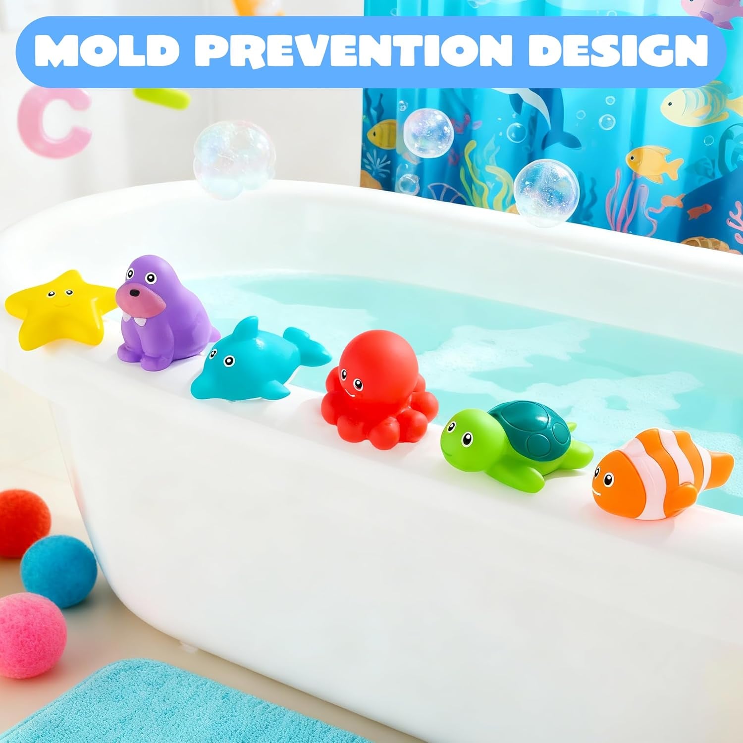6 Pcs Sea Animal Bath Toys, Sealed & No-Hole & Mold Free Bathtub Toys for Kids, Non-Toxic & Soft Water Vehicles Toys, Squeezable & Float on Water, Bath & Pool Play for Boys and Girls