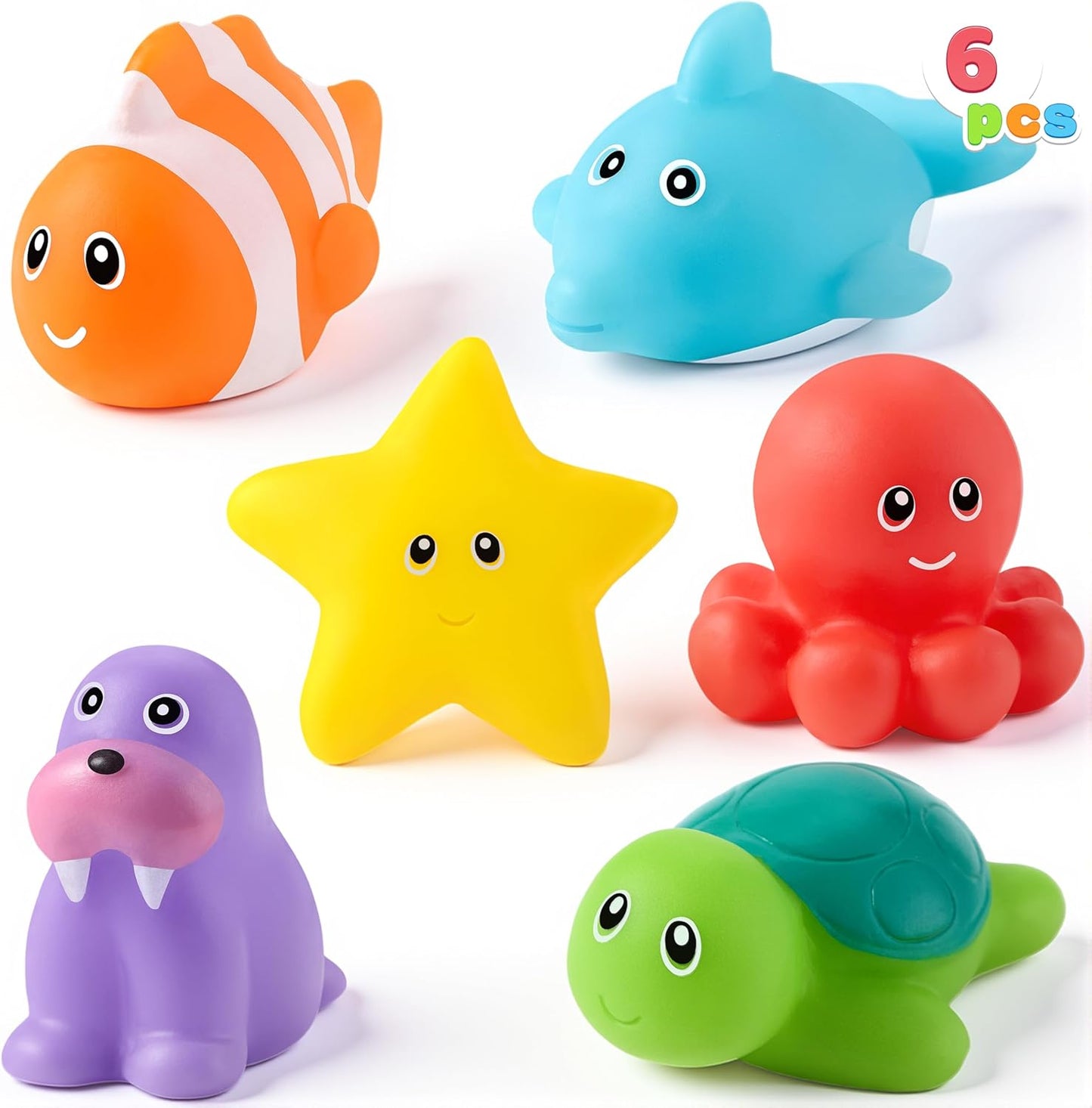 6 Pcs Sea Animal Bath Toys, Sealed & No-Hole & Mold Free Bathtub Toys for Kids, Non-Toxic & Soft Water Vehicles Toys, Squeezable & Float on Water, Bath & Pool Play for Boys and Girls