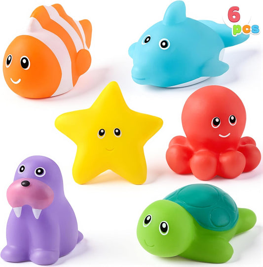 6 Pcs Sea Animal Bath Toys, Sealed & No-Hole & Mold Free Bathtub Toys for Kids, Non-Toxic & Soft Water Vehicles Toys, Squeezable & Float on Water, Bath & Pool Play for Boys and Girls