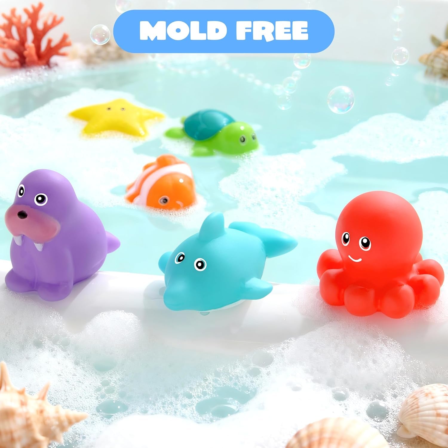 6 Pcs Sea Animal Bath Toys, Sealed & No-Hole & Mold Free Bathtub Toys for Kids, Non-Toxic & Soft Water Vehicles Toys, Squeezable & Float on Water, Bath & Pool Play for Boys and Girls