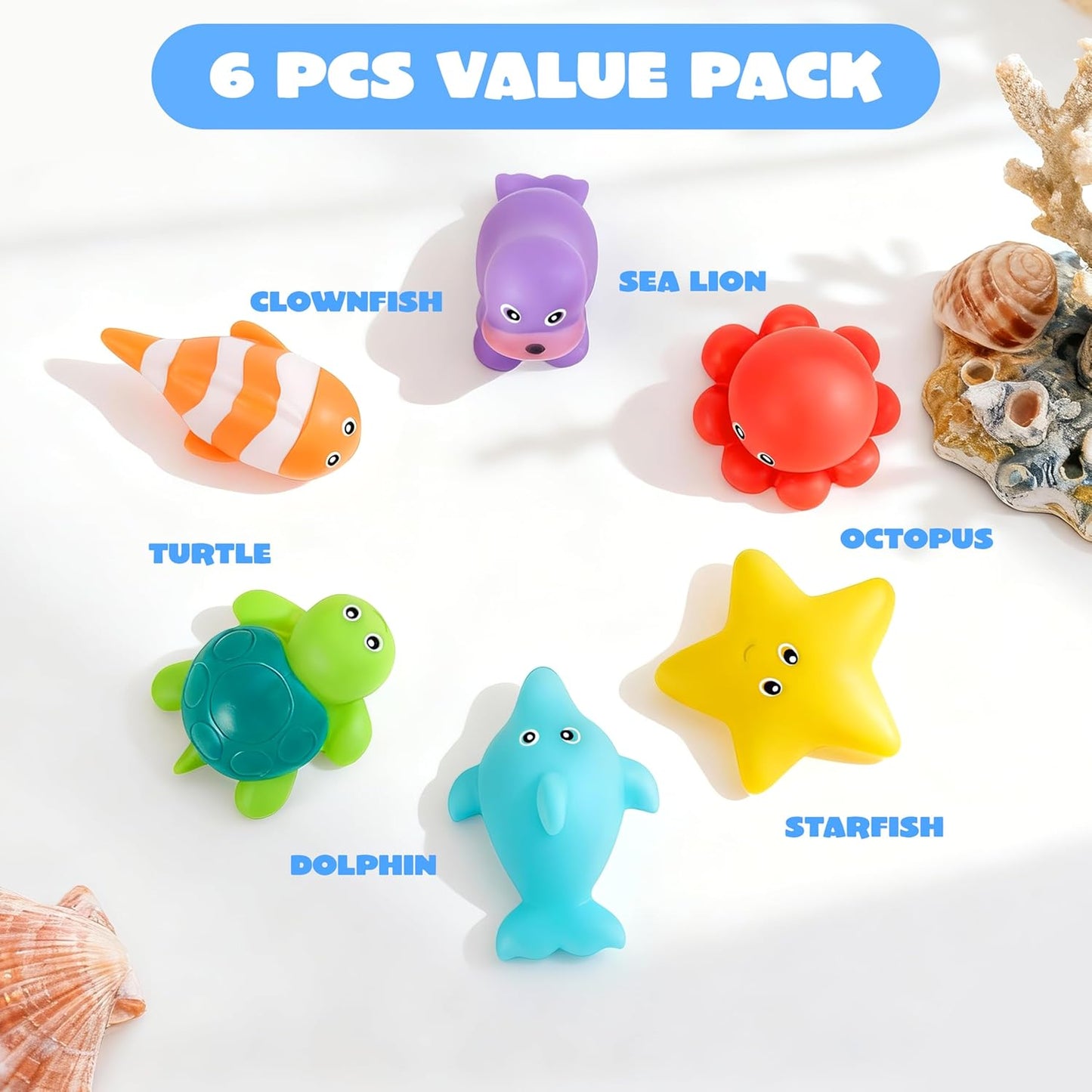 6 Pcs Sea Animal Bath Toys, Sealed & No-Hole & Mold Free Bathtub Toys for Kids, Non-Toxic & Soft Water Vehicles Toys, Squeezable & Float on Water, Bath & Pool Play for Boys and Girls