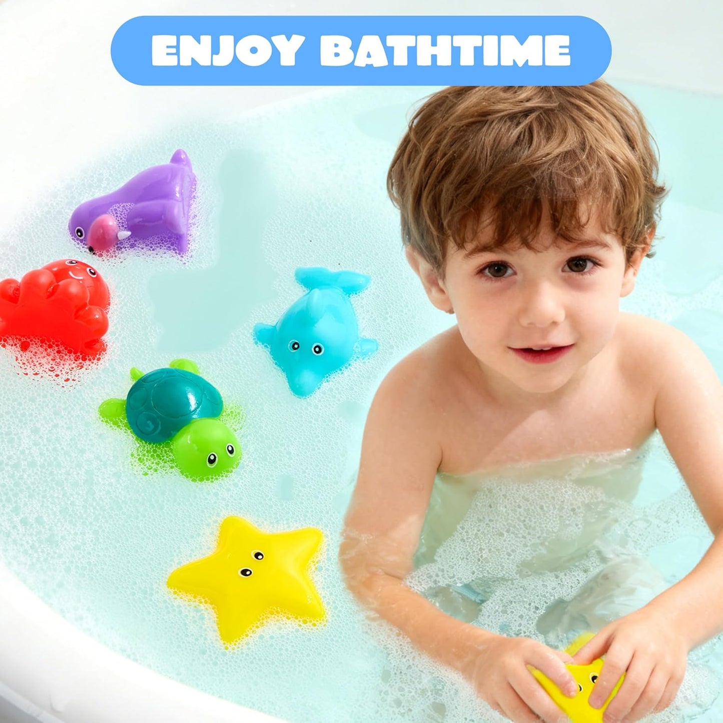 6 Pcs Sea Animal Bath Toys, Sealed & No-Hole & Mold Free Bathtub Toys for Kids, Non-Toxic & Soft Water Vehicles Toys, Squeezable & Float on Water, Bath & Pool Play for Boys and Girls