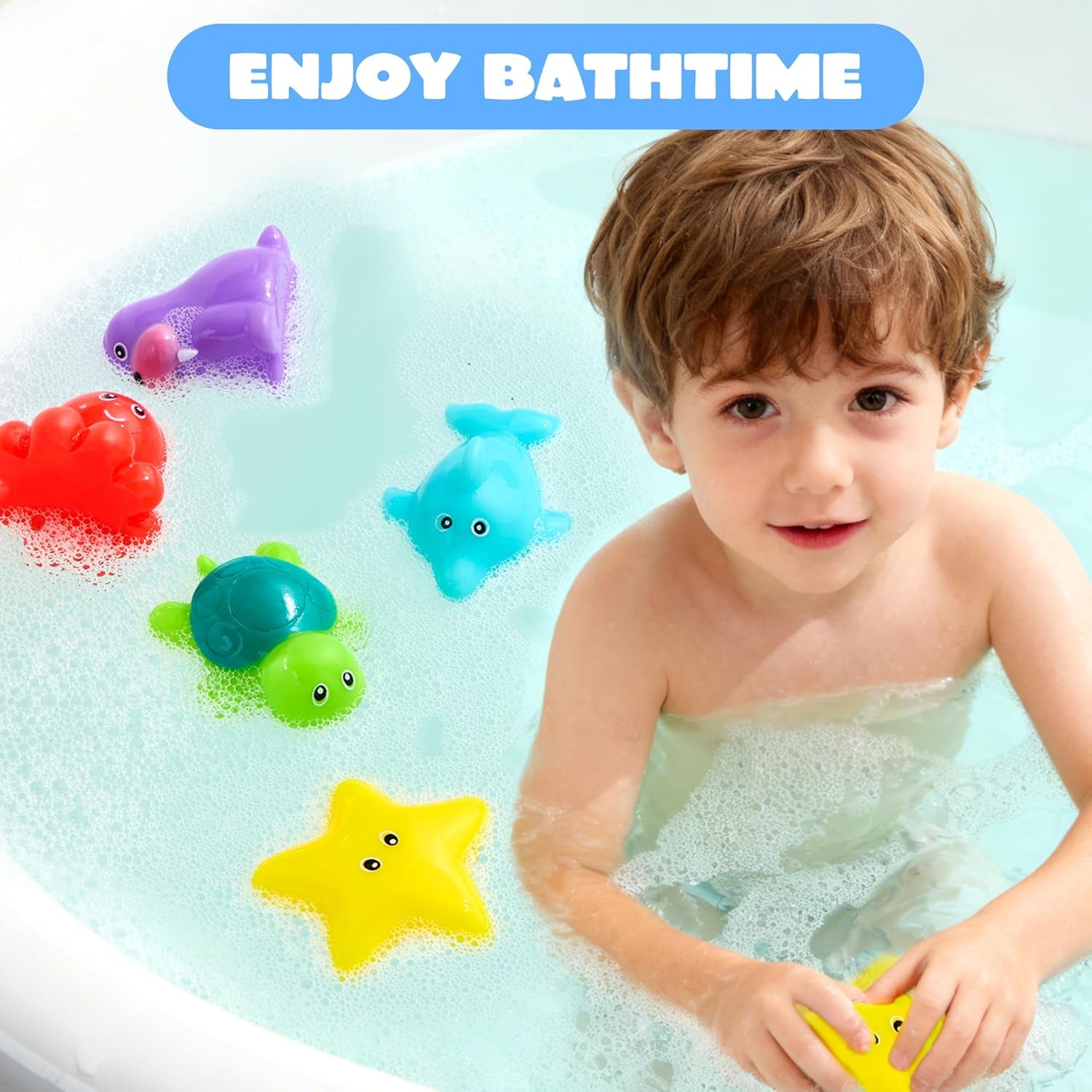 6 Pcs Sea Animal Bath Toys, Sealed & No-Hole & Mold Free Bathtub Toys for Kids, Non-Toxic & Soft Water Vehicles Toys, Squeezable & Float on Water, Bath & Pool Play for Boys and Girls