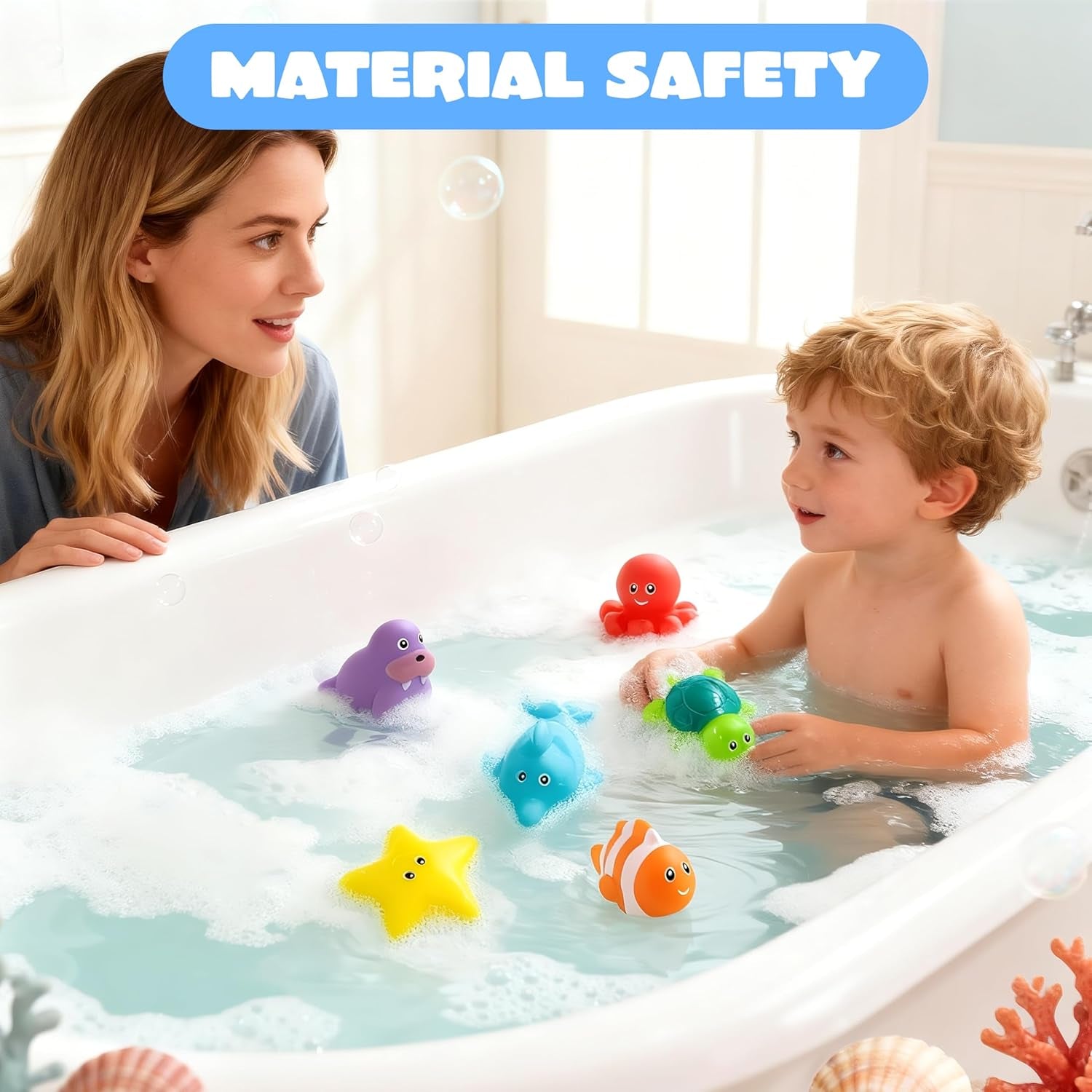 6 Pcs Sea Animal Bath Toys, Sealed & No-Hole & Mold Free Bathtub Toys for Kids, Non-Toxic & Soft Water Vehicles Toys, Squeezable & Float on Water, Bath & Pool Play for Boys and Girls